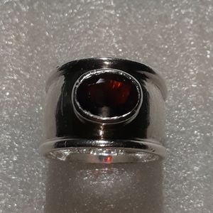 Sterling Silver Garnet Cigar Band Ring Sz7